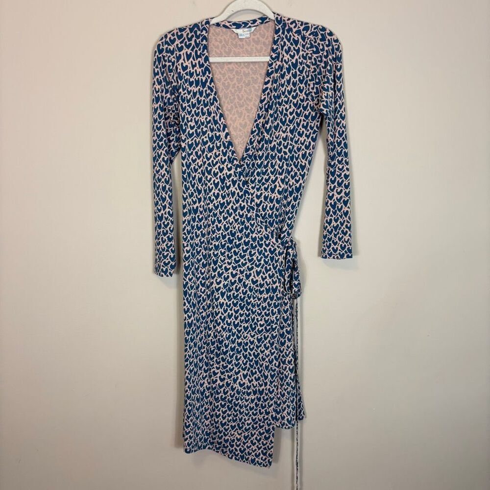 Boden Blue & Pink Heart Print V Neck Long Sleeve Wrap Dress US 6 Long